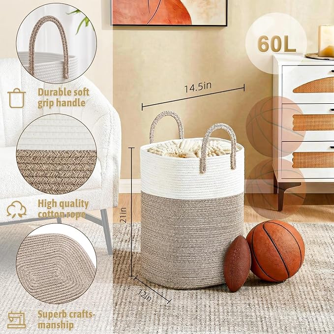 Laundry Basket,Woven Cotton Rope Laundry Hamper,Versatile Storage for Dirty Clothes,Baby Toys,and Blankets in Bathroom, Nurse