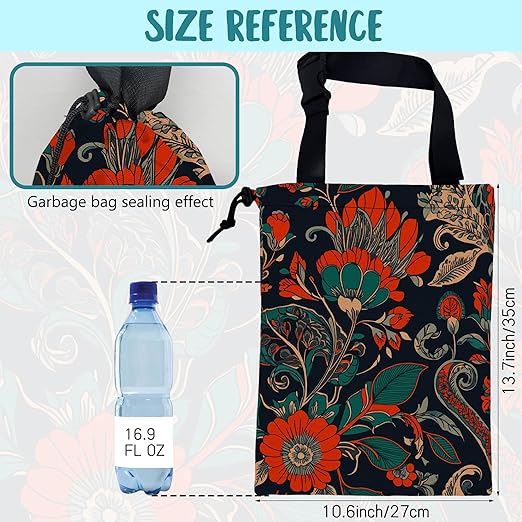 Car Garbage Bag Abstract Red and Green Flowers Hanging Canvas Car Trash Bag Drawstring Car Back Seat Organizer for Car Back Front Seat Console with Adjustable Buckle