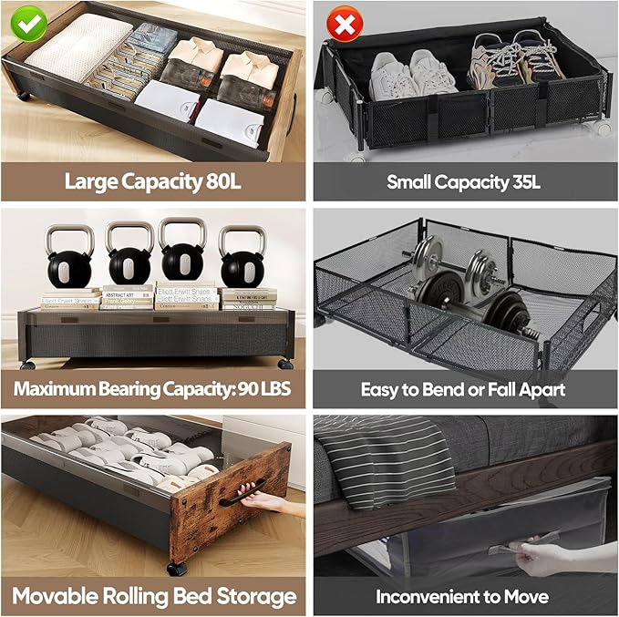 KITHELP Wooden Under Bed Storage with Wheels, 80L Extra-large Rolling Under the Bed Storage Bins 2 Pack with Removable Lid, U