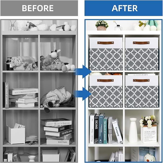 Temary 12x12x12 Fabric Storage Bins 4 Pack with Leather Handle, Foldable Cubes Storage Box Baskets for Closet, Shelf (White&L