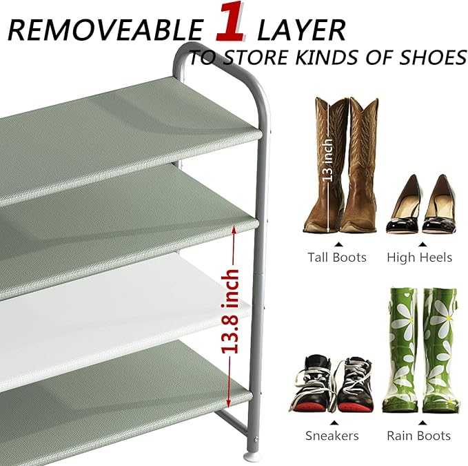 INGIORDAR Shoe Rack 4 Tier Long Storage Organizer Wide Metal Shoe Shelf for Closet Entryway Grey