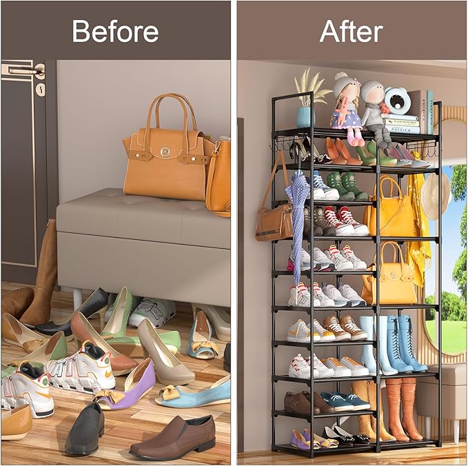 Kottwca 2 Row 10 Tier Tall Shoe Rack Organizer for Closet Entryway, 40-45 Pair Shoe Boot Storage Rack, Metal Shoe Shelf Small