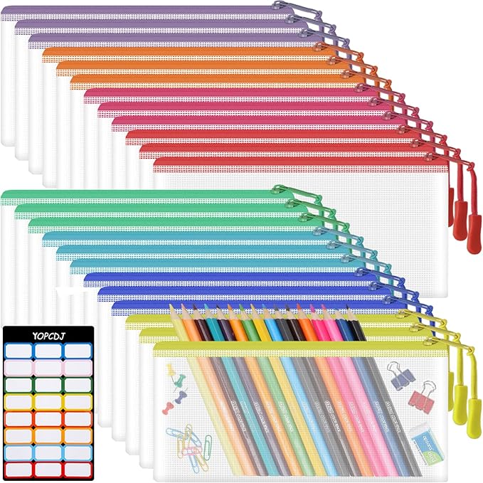 24pcs Mesh Zipper Pouch Bags 9.3 x 4.7 Inches, 8 Color Small Clear Pouches Bulk, Travel Cosmetics Organization, Classroom and