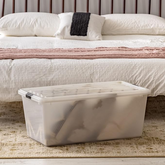 IRIS USA 91 Qt Stackable Plastic Storage Bins with Lids, 4 Pack - BPA-Free, Discreet Organizing Solution, Latches, Durable Ne