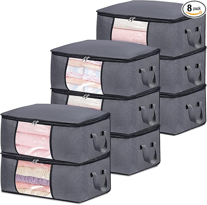 8 Pack Clothes Storage Bags with Zipper, 45L Foldable Blanket Storage Bag with Clear Window Sturdy Handles for Closet, Dorm, 