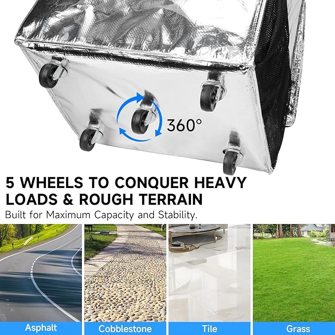Large Reusable Grocery Bag On Wheels, 130L Foldable Tote, 5 Swivel Wheel Shopping Trolley with Multiple Pockets, Zippered Top, Folds Flat for Storage, for Shopping, Laundry, Camping, Moving, Silver