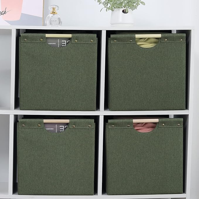 HOONEX Large Collapsible Storage Bins, Linen Fabric, Pack of 2, Storage Baskets with Wooden Carry Handles and Sturdy Heavy Ca