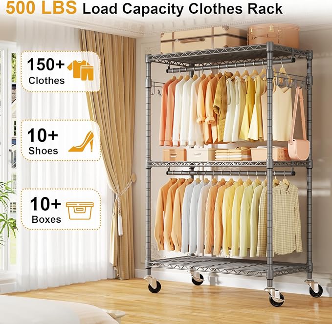ULIFHOME P1 Rolling Clothing Rack with Lockable Wheels, Heavy-Duty Garment Rack for Hanging Clothes, Portable Closet Wardrobe