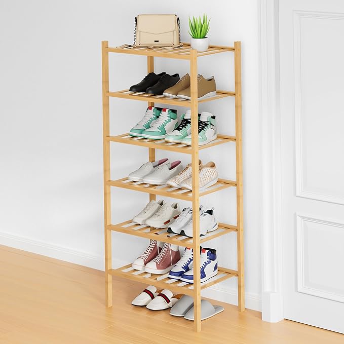 Smiry Shoe Rack, 6 Tier Small Bamboo Shoe Organizer, Stackable Free Standing Wooden Shoe Storage Shelf for Closet, Entryway, 