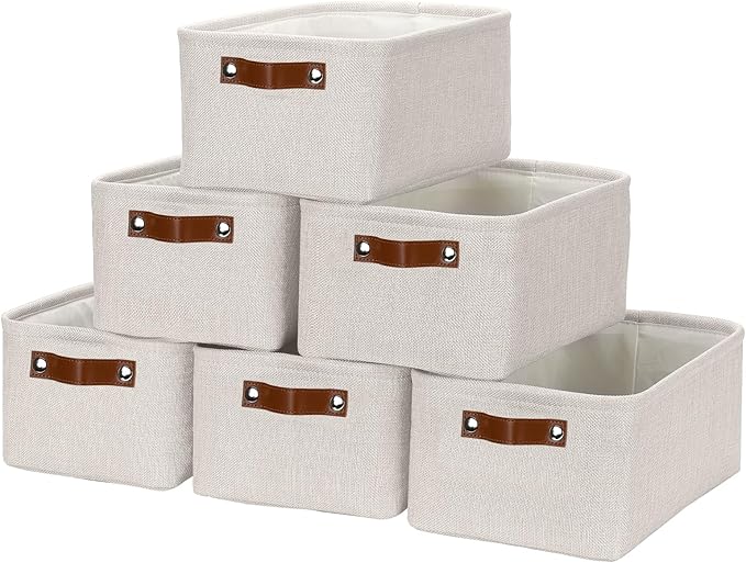 HNZIGE Fabric Storage Baskets for Organizing Small Storage Baskets for Shelf,6 Pack Shelf Baskets for Storage with Leather Ha