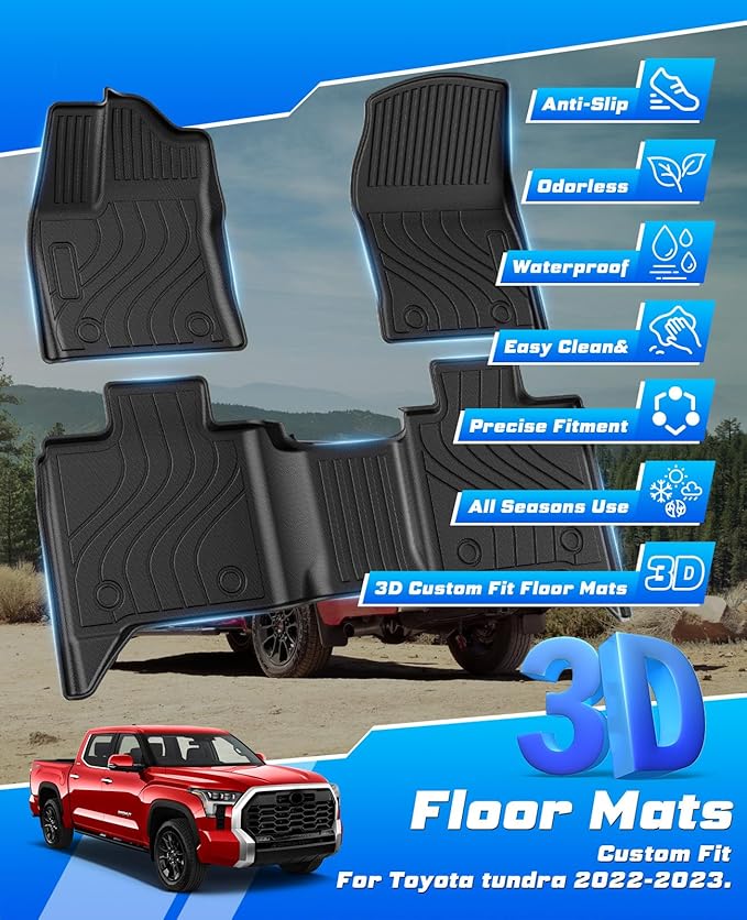 Sunsdrew Floor Mats for 2022-2025 2026 Toyota Tundra CrewMax Cab, All Weather Floor Liners for Tundra Accessories, 3PCS Front Rear 2 Rows Car Mats TPE Rubber Raised Edge