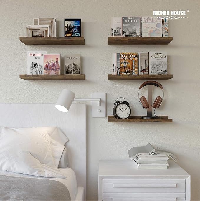 RICHER HOUSE 8 Set Floating Wall Mounted Shelves, Nursery Hanging Book Shelves with Lip for Storage, Display Picture Ledge Sh
