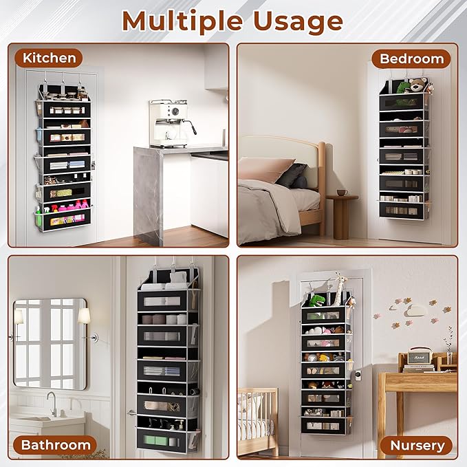 5 Tier Over The Door Organizer - Large Capacity Behind Door Hanging Shelves with 10 Mesh Pockets and Clear Windows, Closet Or