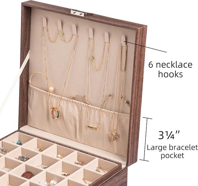 Frebeauty Earring Organizer Classic Jewelry Box 50 Slots Double Layer Jewelry Storage Case with 6 Necklace Hook and Bracelet 