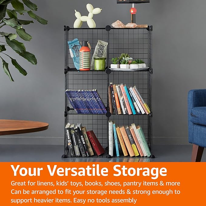 Amazon Basics 6-Cube Wire Grid Stackable Storage Organizer, Metal Shelving Unit, No-Tool Assembly, 26"W x 38"H x 12.6"D, Blac