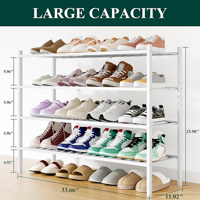 Smiry Shoe Rack, 4 Tier Long Bamboo Shoe Organizer, Stackable Free Standing Wooden Shoe Storage Shelf for Closet, Entryway, F