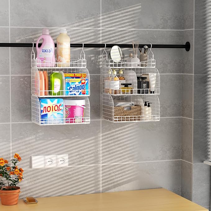 HapiRm Hanging Closet Organizer Storage - 3 Tier Metal Stackable Hanging Closet Shelves with Dividers and S Hooks, Foldable C