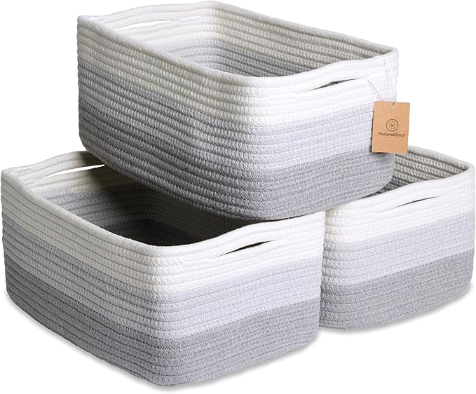 NaturalCozy 13.5”x8.5”x5.5” Rectangle Storage Baskets for Shelves 3 Pack | Cotton Rope Woven Small Baskets for Organizing | S