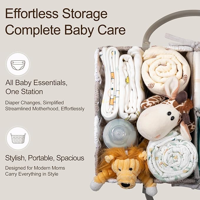 HBlife Baby Diaper Caddy, Paper Rope Storage Baskets Nursery Bin with Removable Divider, Portable Car Organizer for Diapers, 