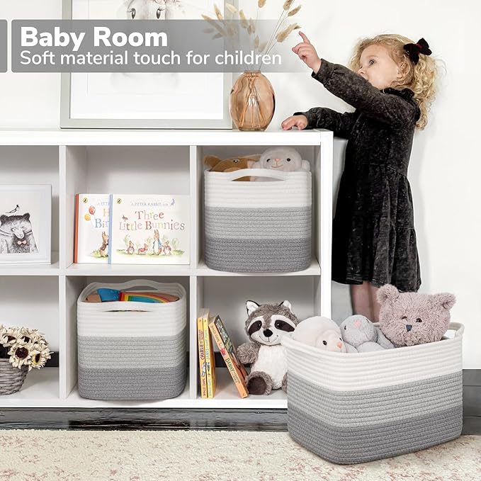 Goodpick Woven Storage Basket, Closet Storage Bins for Books, Towels, Cotton Rope Organizer with Handles, Square Toy Gift Bas