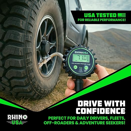 Rhino USA Digital Tire Pressure Gauge with Inflator (0-200 PSI) - Heavy Duty Air Chuck and Compressor Accessories with Stainless Braided Hose, Large 2" Dial and Solid Brass Hardware for Truck and RV