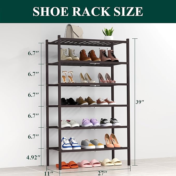 Smiry Shoe Rack, 6 Tier Thick Bamboo Shoe Organizer, Stackable Free Standing Wooden Shoe Storage Shelf for Closet, Entryway, 