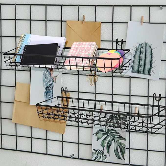 4 Pcs 15.75 x 3.94 x 1.97 Inch Metal Grid Wall Baskets with Hooks Grid Wall Shelves Hanging Wire Basket Multi Function Storag