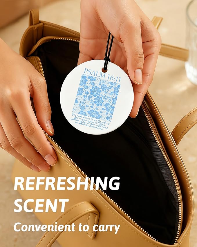 Blue Christian Round Car Air Freshener 4 Pcs, Girly Blue Bow Floral Religious Hanging Air Freshener for Cars Closet Drawer Bo