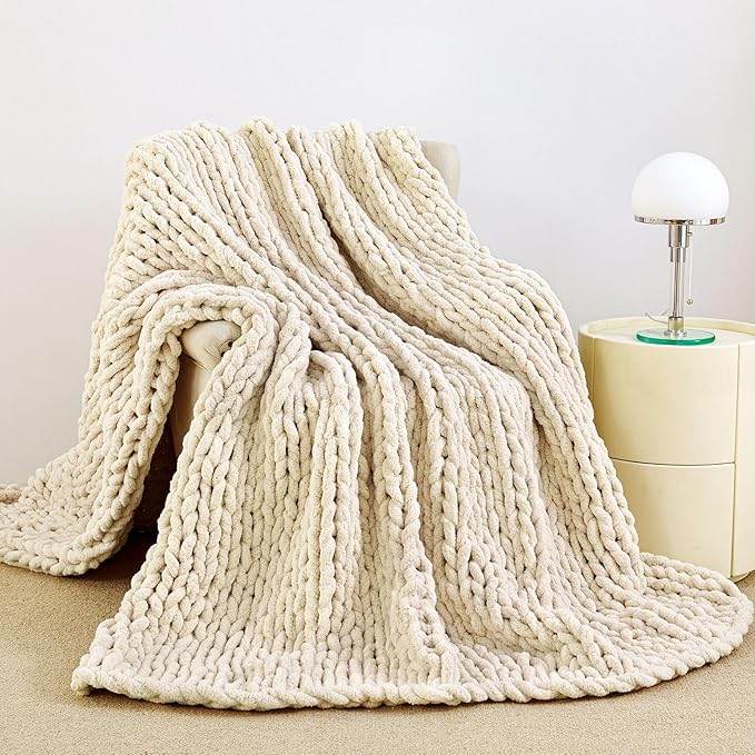 Admitrack Chunky Knit Blanket Throw 51"x63", 100% Hand Knit Chenille Throw Blanket for Sofa & Home Decor, Soft and Cozy Knitt