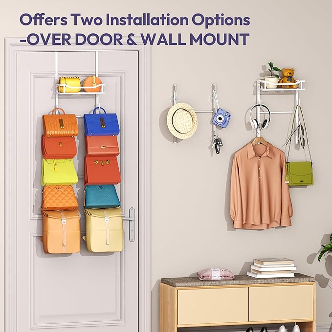 SWTYMIKI Over The Door Purse Organizer - Wall Mounted Purse Rack with 10 Hooks and Metal Basket, Handbag Hanger Organizer Hol