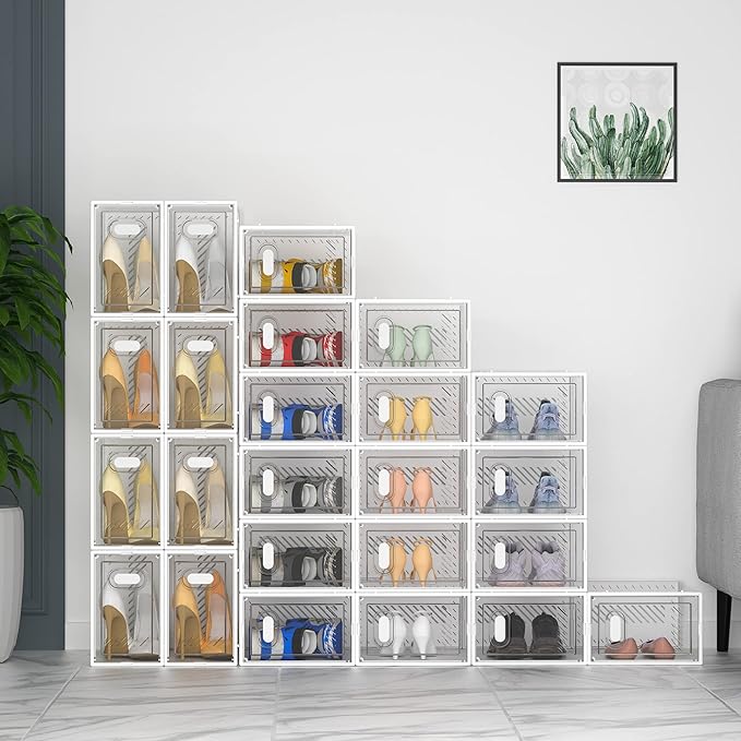 SIMPDIY Shoe Storage, 12 Pack Shoe Organizer for Closet, Shoe Boxes Clear Plastic Stackable Shoe Containers with Lids for Siz