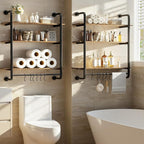 3 Tier Industrial Pipe Shelving, 24" Kitchen Shelves Wall Mounted with 6 Hooks, Coffee Bar Shelves Display Bookshelf Wall She