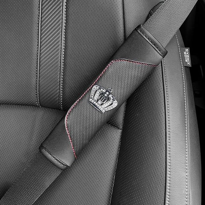 Car Seat Belt Cover 2 Pcs Leather Shoulder Pad with Bling Crown Protector Car Safety Strap Covers Accessories,Black