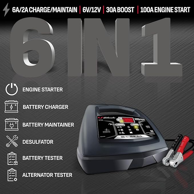 Schumacher Electric 6A Car Battery Charger and 100A Engine Starter, 6-in-1 Solution, Maintainer, 30A Boost, for 6V/12V Power