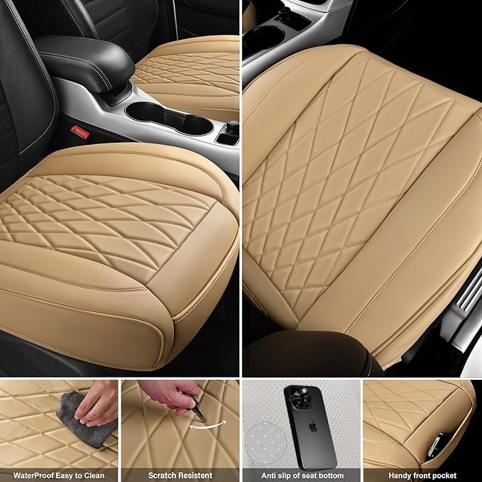 CAR PASS 2 Pack Leather Front Car Seat Covers, Bottom Seat Covers Full Wrapped with Storage Pocket, Anti-Slip Leather Seat Pr