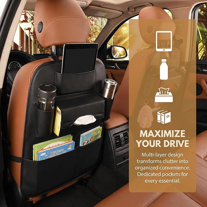 2 Pack PU Leather Premium Car SeatBack Organizer Travel Accessories Kick mats Back seat Protector and Cup Holder Holder Universal Use Seat Covers (23×17 in)