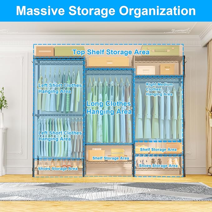 Ulif E13C Heavy Duty Closet Organizer System，Freestanding Clothing Racks for Hanging Clothes，Adjustable Garment Rack 63" W x 
