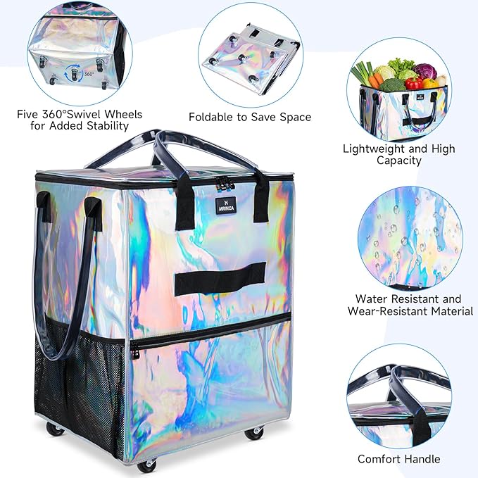 Large Reusable Grocery Bag On Wheels, 130L Foldable Shopping Trolley with 5 Enhanced Stability Wheels, Water Resistant, Multiple Pockets & Heavy Duty Handle, for Groceries, Outdoor, Gradient Silver