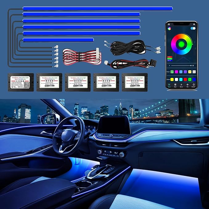 RGB Acrylic Ambient Lighting Car Lights, LED Strip Lights with APP Control, 593 LEDs Interior Car Lights, 6 in 1 Neon Car Ambient Neon Light Kits