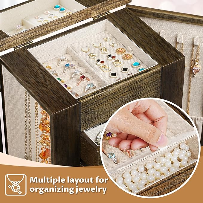 Emfogo Jewelry Box for Women, 5 Layer Large Wood Jewelry Boxes & Organizers for Necklaces Earrings Rings Bracelets, Rustic Je