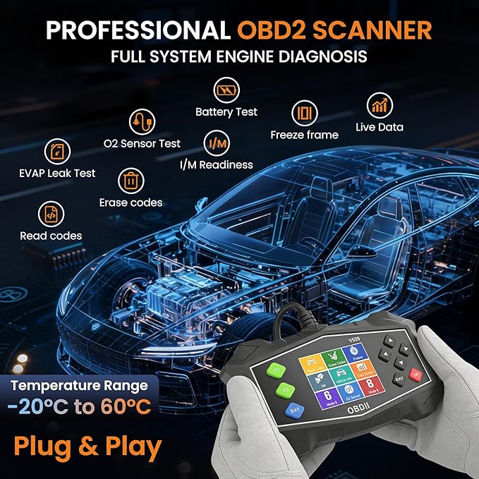 OBD2 Scanner Diagnostic Tool, Code Reader for Check Engine Light with Battery Test, EVAP System(Mode 8), O2 Sensor & I/M