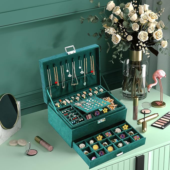 QBestry Jewelry Box for Women with Drawer, 3-Layer Large Jewelry Organizer with Lock & Key, 8 Necklace Hooks & 56 Earring Hol