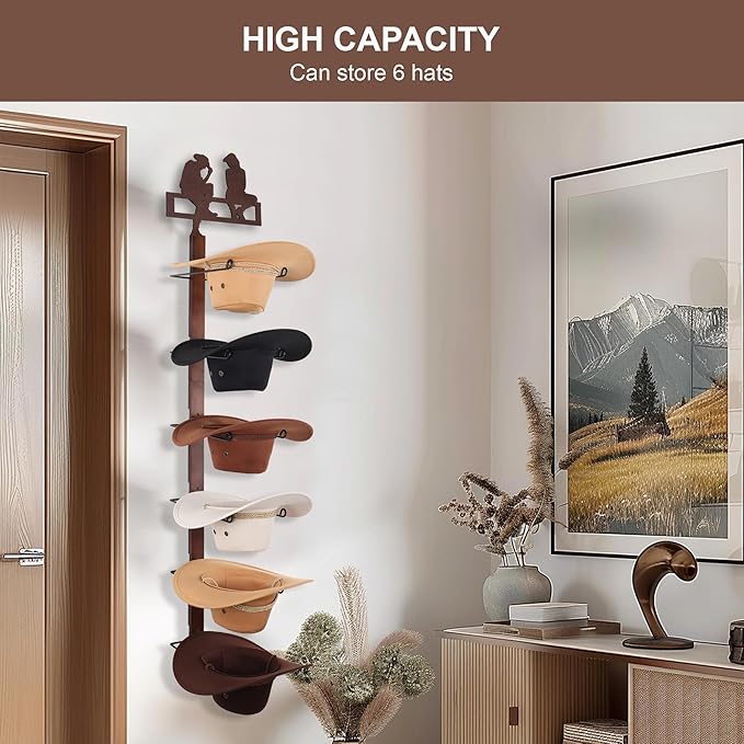 Cowboy Hat Rack Holder for Wall - Wild Western Style Design Hat Organizer with 6 Hat Hooks for Wall Mount, Hat Stand and Hang