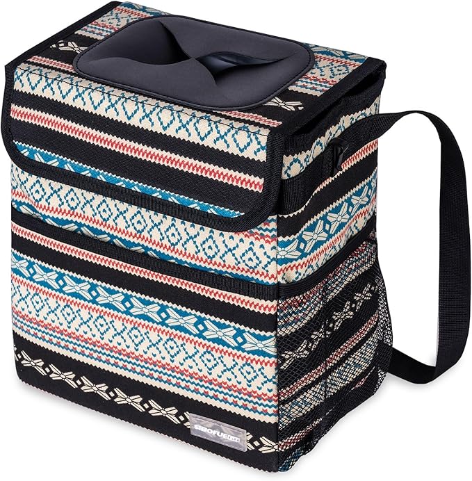 Car Garbage Can Cute - Leak-Proof Car Trash Can with Lid and Storage Pockets, Car Trash Bin for Men and Women, Boho Aztec Essentials: Must-Have Car Interior Accessories (Beige Aztec Motif)