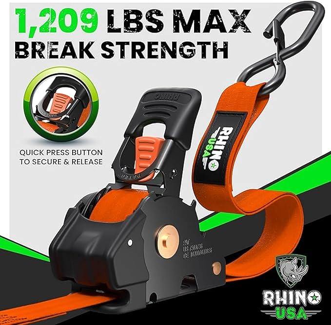 Rhino USA Retractable Ratchet Straps (2-Pack) - 1 Inch x 10 Feet (1,209lb Break Strength) - Auto Self Retracting Tie Down Straps for Truck, Cargo Trailer, Motorcycle, ATV, UTV - Orange