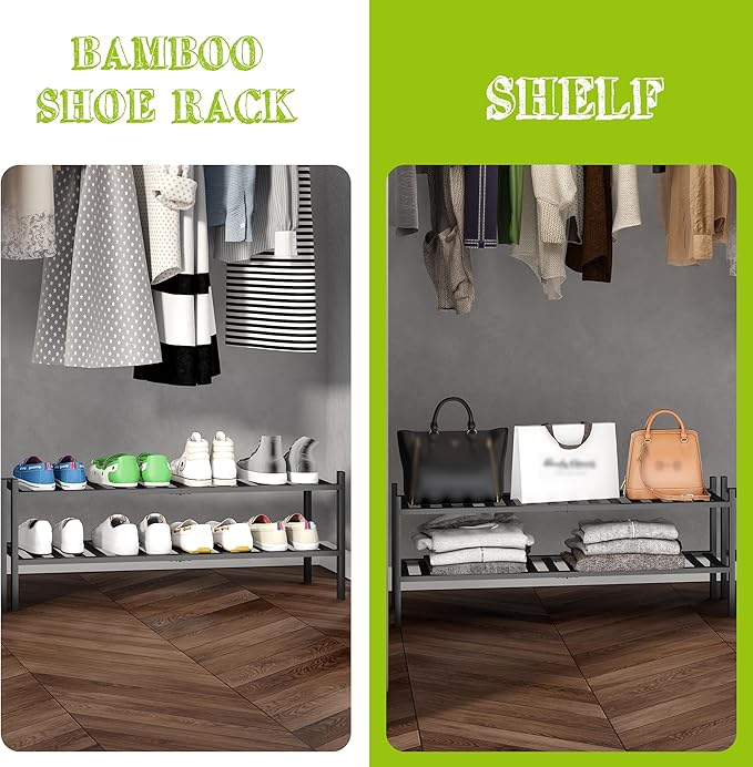 BMOSU 2-Tier Bamboo Extended Shoe Rack Premium Stackable Shoe Shelf Storage Organizer for Hallway Closet Living Room Entryway