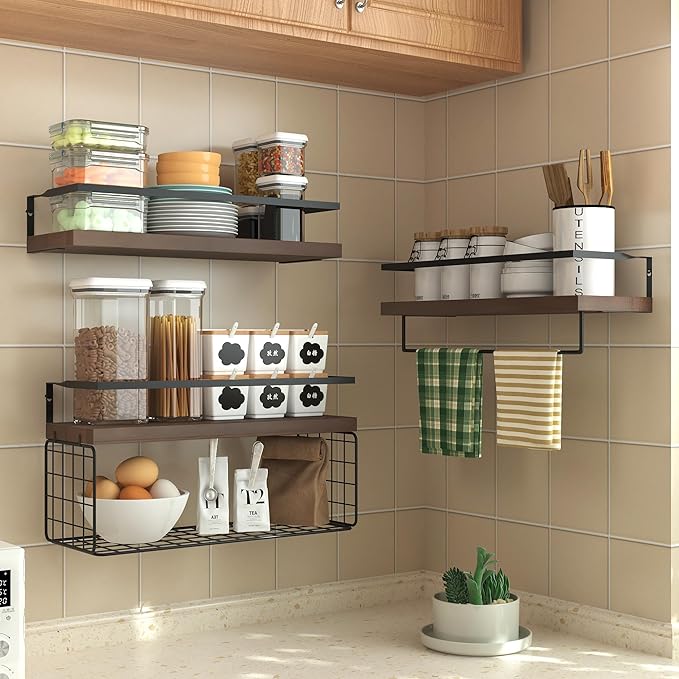 Wood Floating Shelves Wall Mounted - 3+1 Tier Rustic Bathroom Shelves Over Toilet with Wire Storage Basket &Towel Bar, Set of