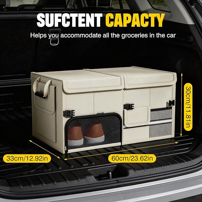 Foldable Car Trunk Organizer with Multi-Compartment - Expandable 30-60L Storage Bin, Side Mesh Pockets, Waterproof 600D Oxford