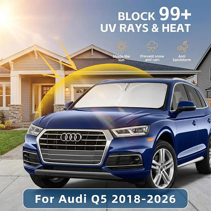 Windshield Sun Shade for Audi Q5 2018-2024 2025 2026 Front Window Shade Custom Fit Q5 Accessories SQ5 Premium, Premium Plus, Prestige Crossover SUV Sun Visor Foldable Shade Blocks UV Rays Accessories