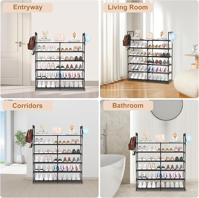 2-Row 6-Tier Stackable Shoe Rack, Black Metal Shoe Shelf with Multifunctional Hooks, Hold 24-30 Pairs, Space Saving Shoes Org